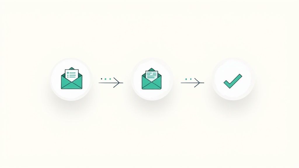 Three-step email workflow process diagram showing open email, closed email, and checkmark completion icons