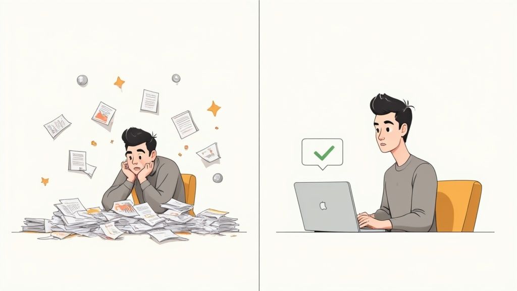 Split illustration showing overwhelmed person with papers versus organized person working on laptop efficiently