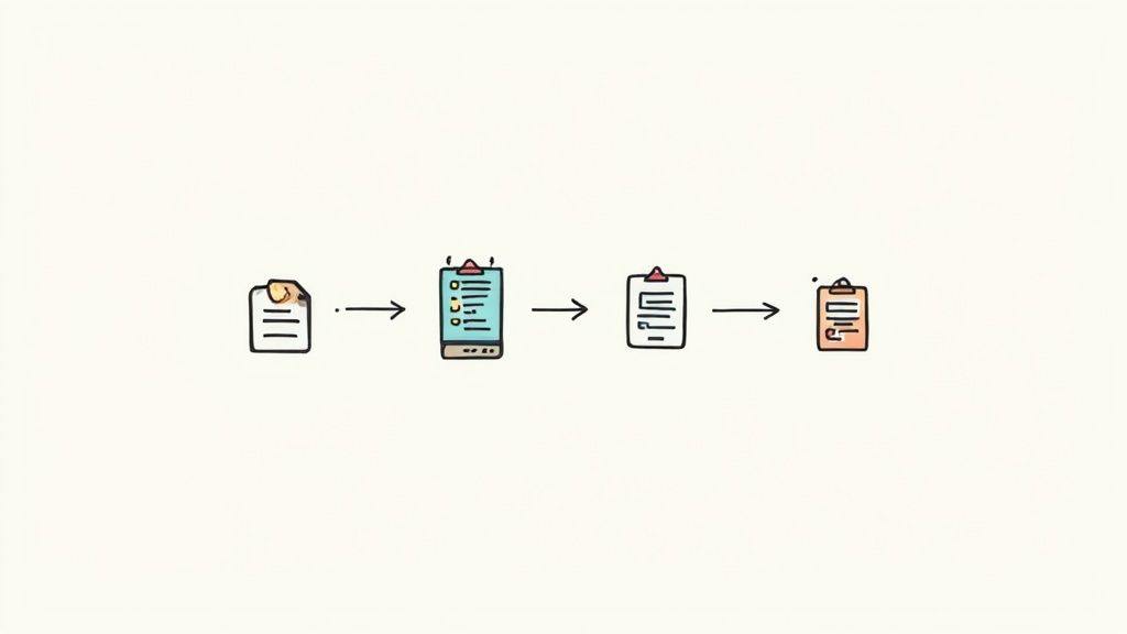 Four-step workflow diagram showing document processing from initial paper to digital device to review to completion