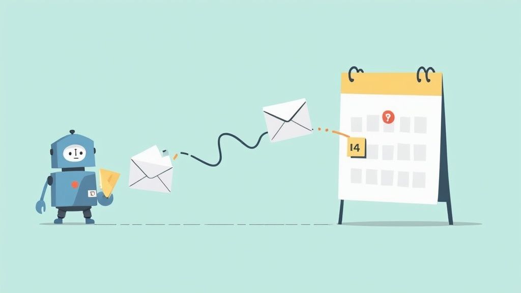 Robot character sending email envelopes to calendar marking scheduled date fourteen automation concept illustration