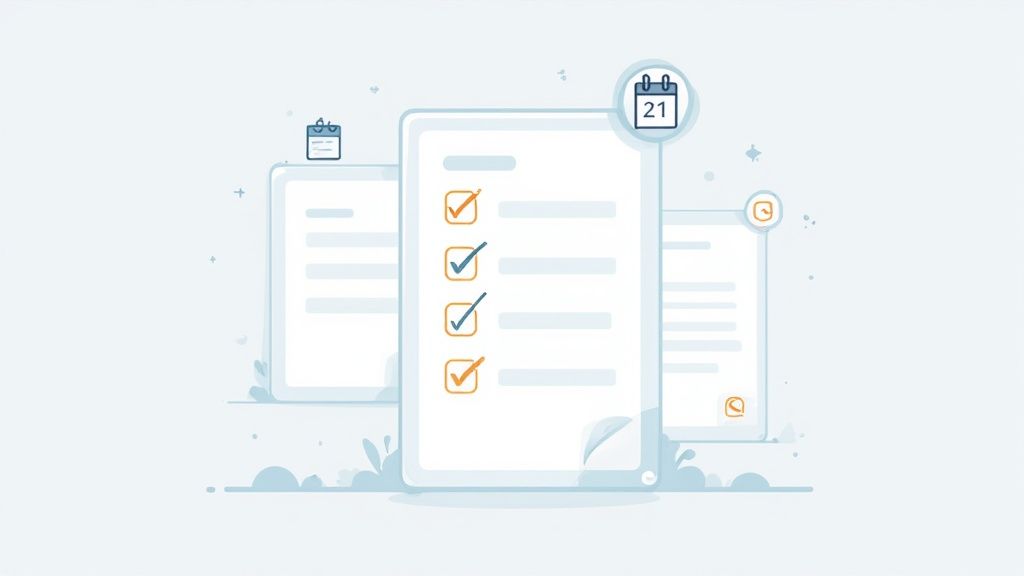 Illustrated checklist with completed tasks, calendar icon, and document management interface on light background