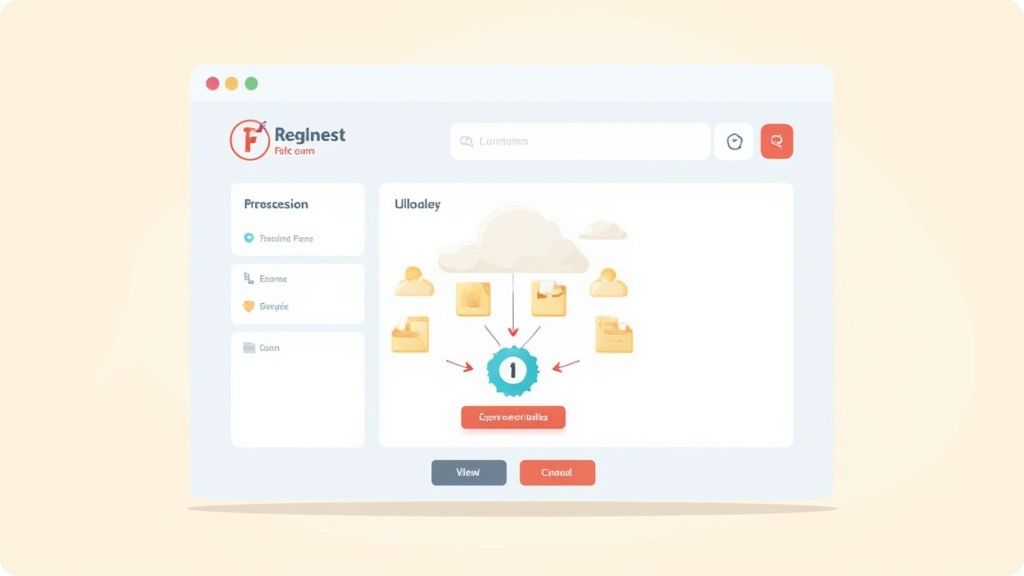 Realnest file sharing interface showing cloud storage folders connecting to central user dashboard