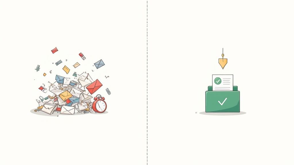 Chaotic pile of scattered emails transformed into organized filing system with checkmark