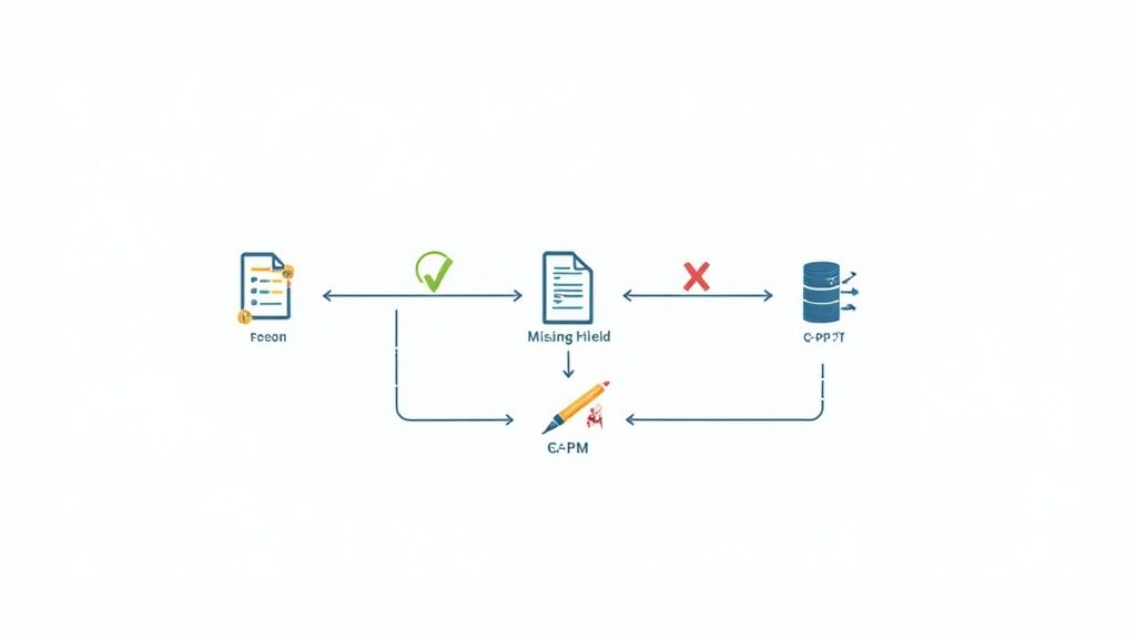 Flowchart depicting a document validation and correction process with data storage systems.