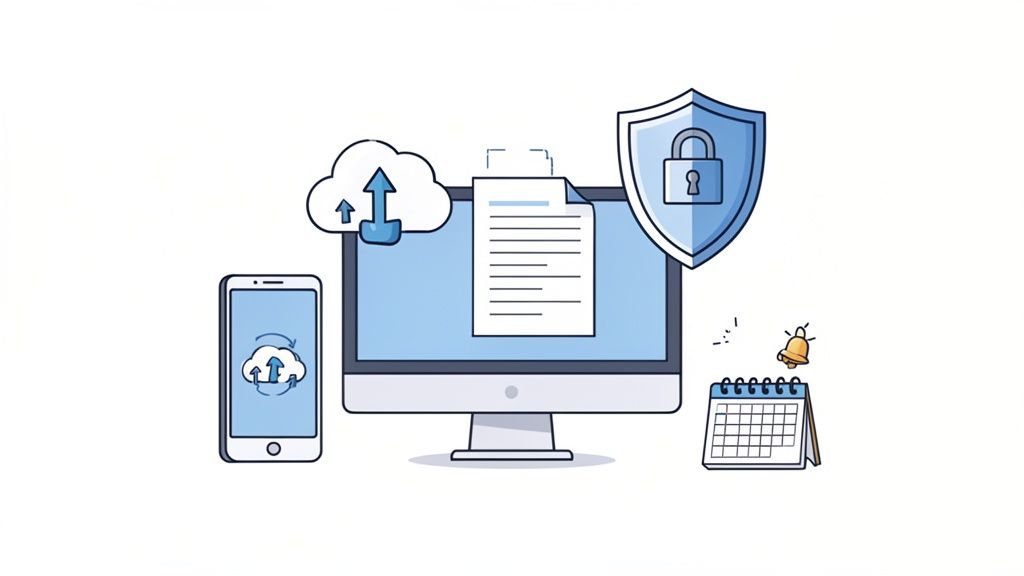 Illustration of cloud data storage, document management, data security, and mobile synchronization w
