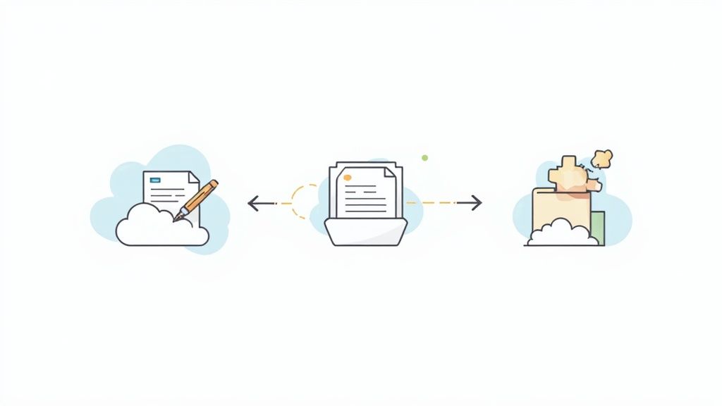 Cloud-based document management workflow with creation, processing, and delivery illustrated.