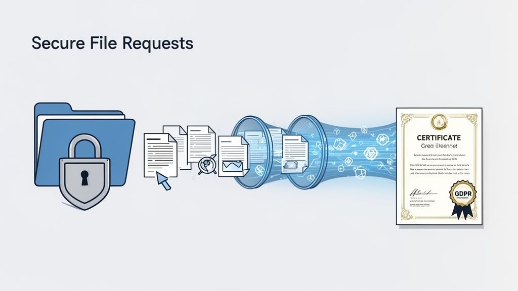 Illustration showing secure file requests, from a locked folder through data processing to a GDPR ce
