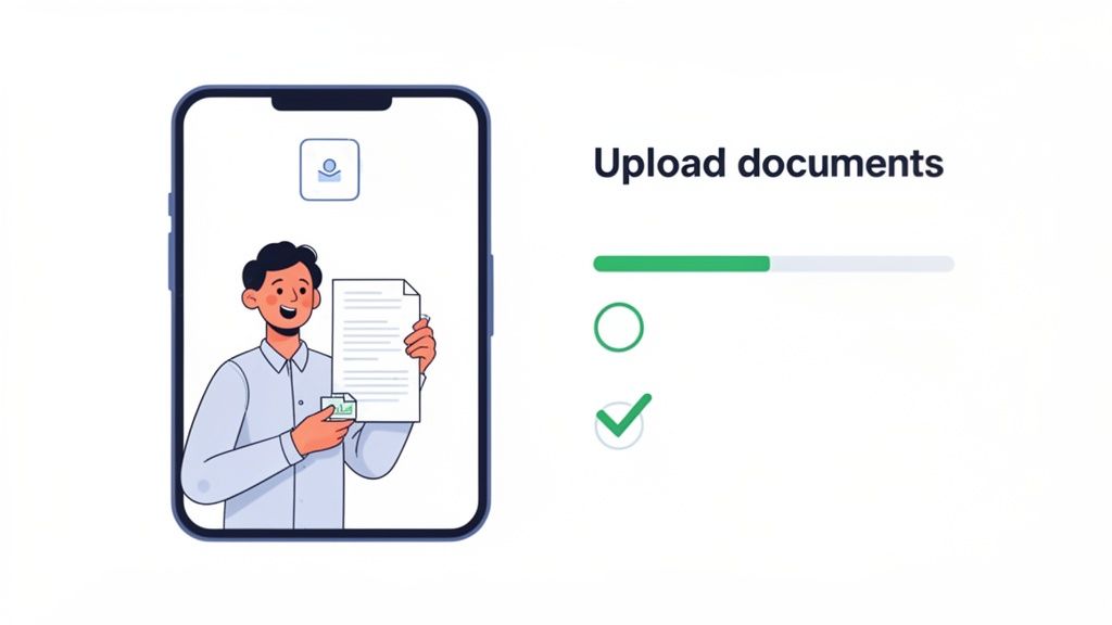 Illustration of a person on a smartphone screen, uploading documents with a progress bar and complet