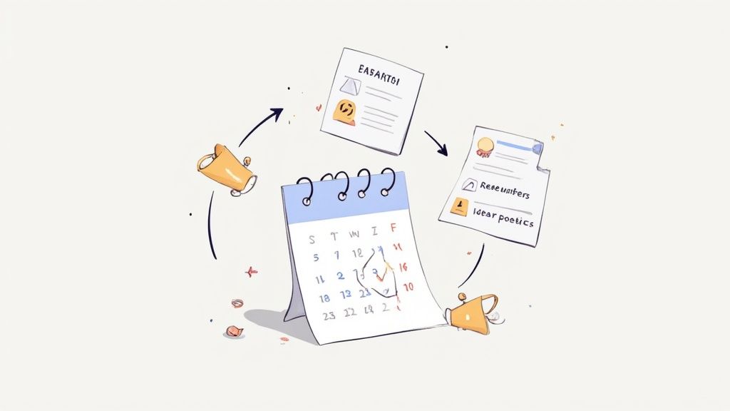 A circular workflow illustration showing documents, megaphones, and a calendar, representing a cycli