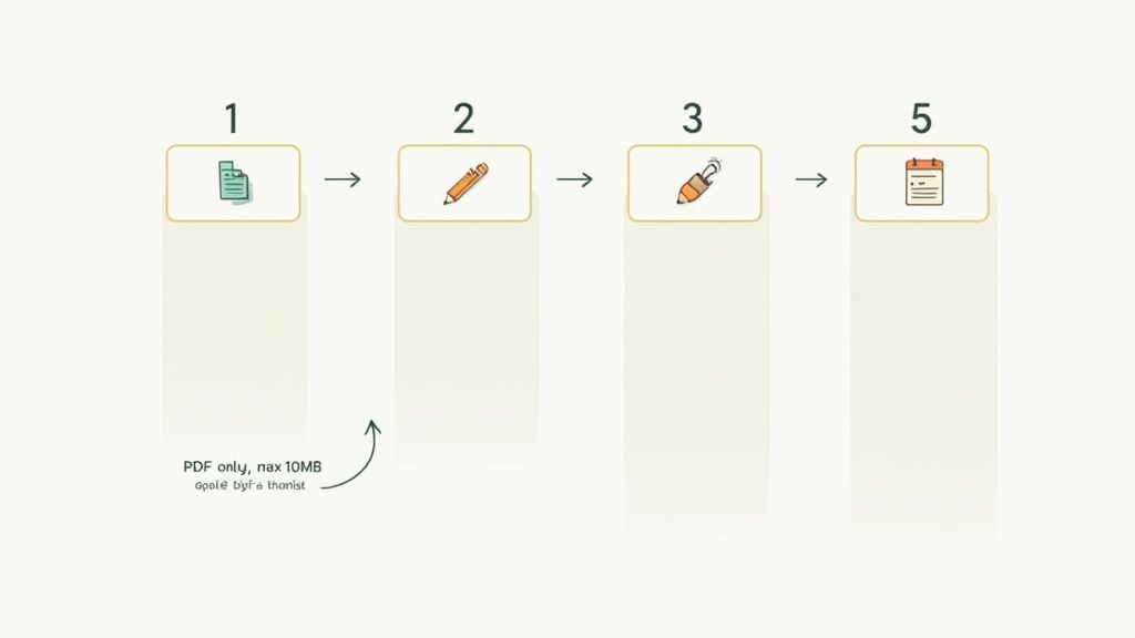 Process flow for handling PDF documents: upload, edit, review, and final submission.