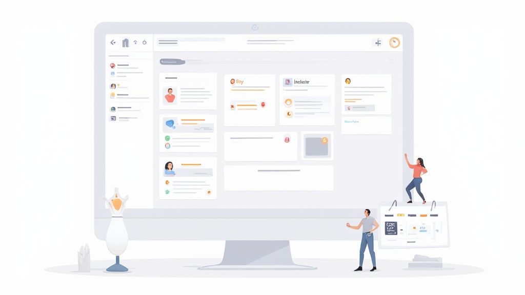 An illustration of a large desktop monitor displaying a modern dashboard interface, with cartoon fig