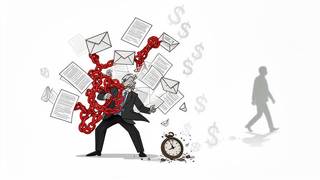 Overwhelmed businessman chained by documents and papers, a broken clock at his feet, as money and a 