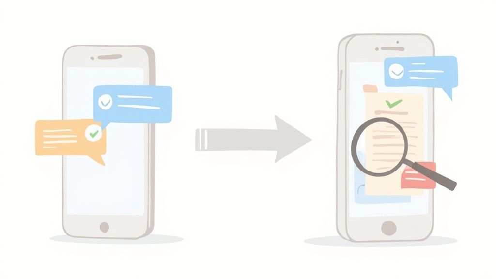Visualizing the process of collecting messages and reviewing documents on a smartphone.
