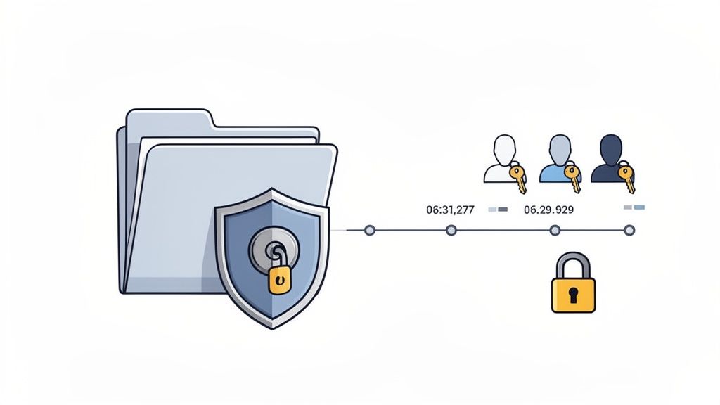 An illustration of a secured file folder and shield, with users holding keys on a timeline, represen