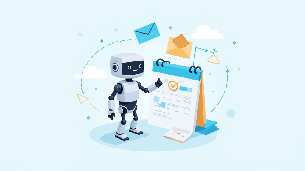 Robot and calendar illustrating automated scheduling and email management.