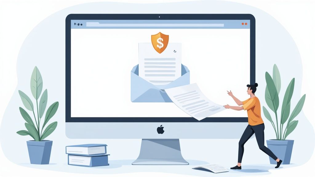 Woman collecting financial documents from a secure email on a large computer screen.