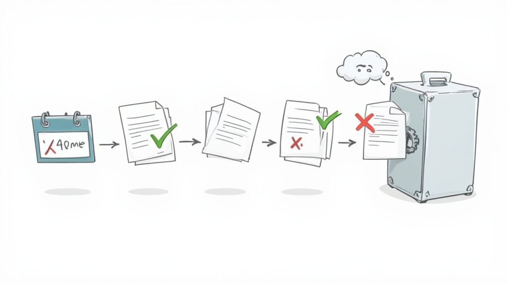 Illustration depicting a document processing workflow, from a calendar deadline through approval and