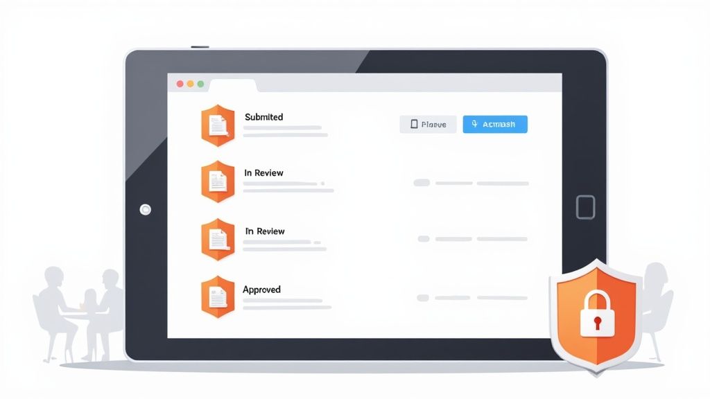 Tablet displaying a secure document management system with statuses like 'Submitted' and &