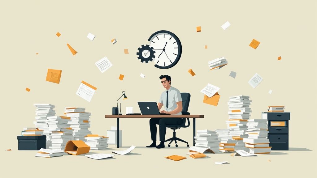 An overwhelmed man works on a laptop at a desk surrounded by tall stacks of documents and papers.