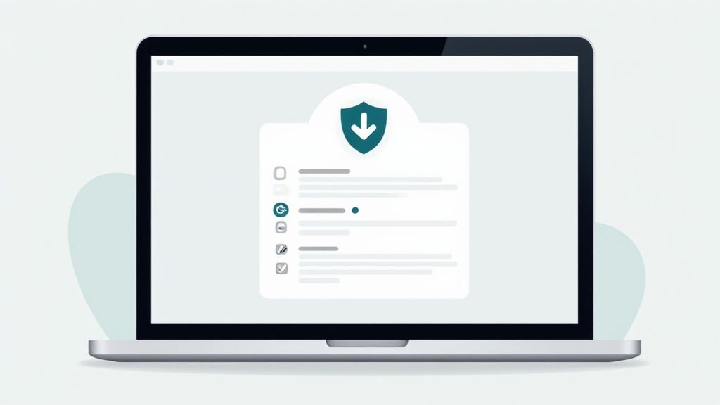 Laptop screen displaying a secure digital document collection checklist with a protective shield ico