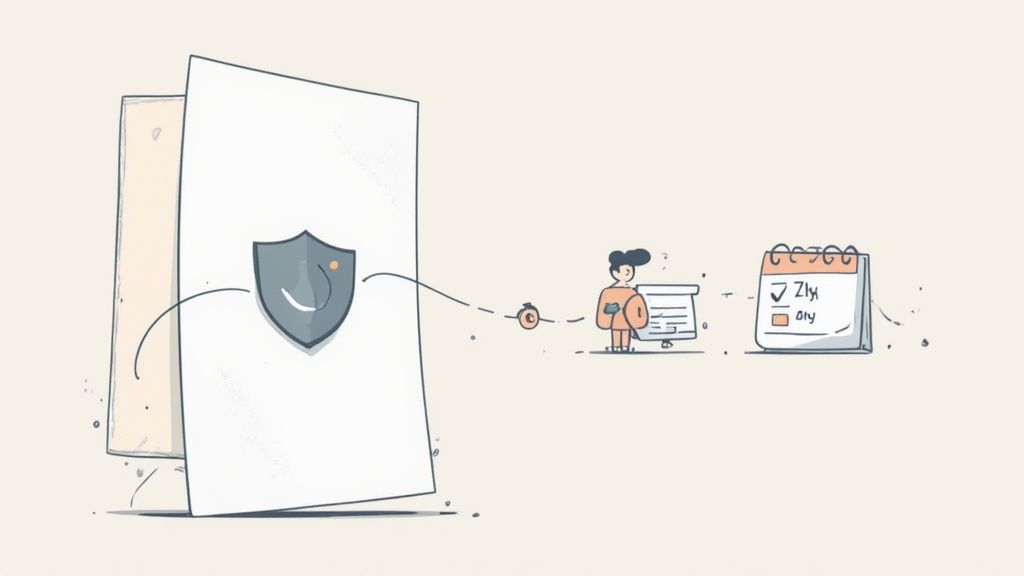 Illustration of a secure document with a shield, connected to a person working on a list and a calen