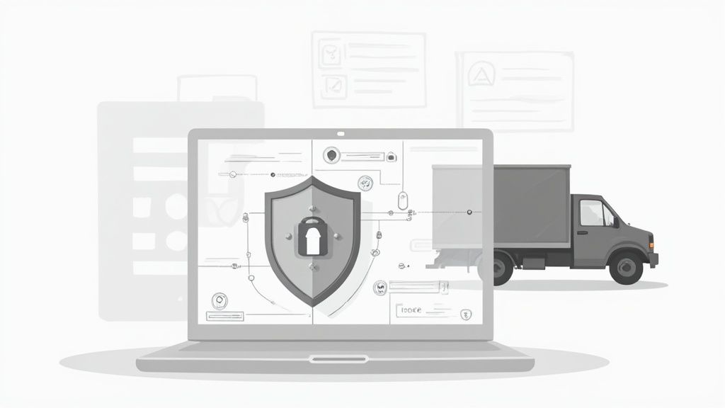 A laptop screen displaying a prominent security shield icon and a network diagram, with a delivery t