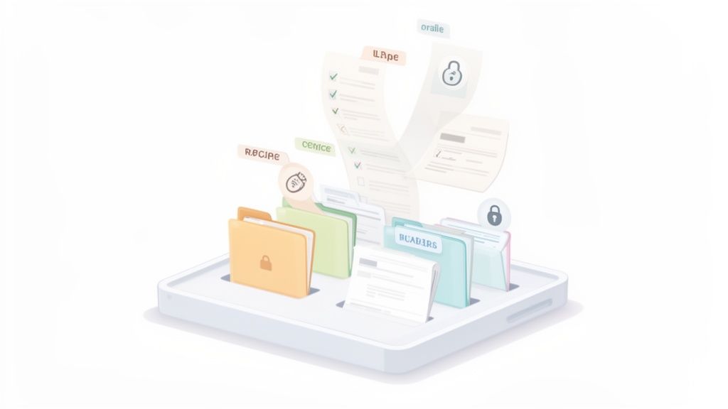 Digital document organization system with colored folders and papers on a tablet device.