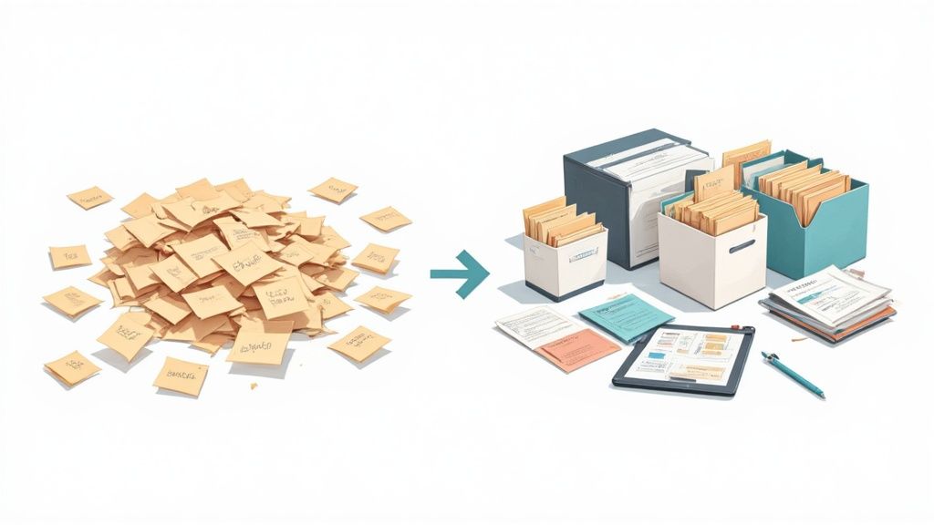Transformation from a chaotic pile of notes to organized documents in binders, boxes, and a digital 