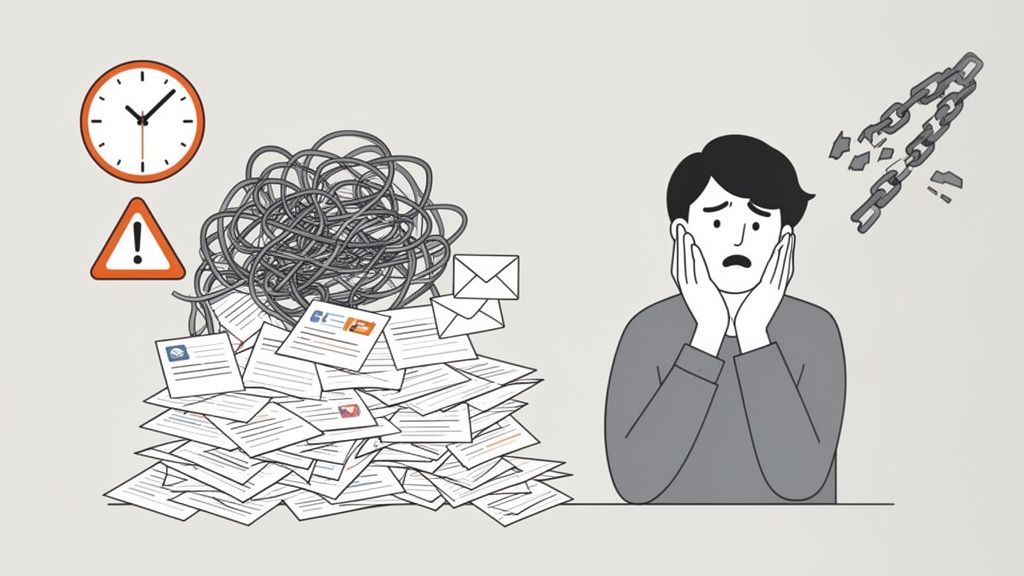 An overwhelmed person faces a chaotic pile of documents, wires, a clock, and a warning sign, with a 