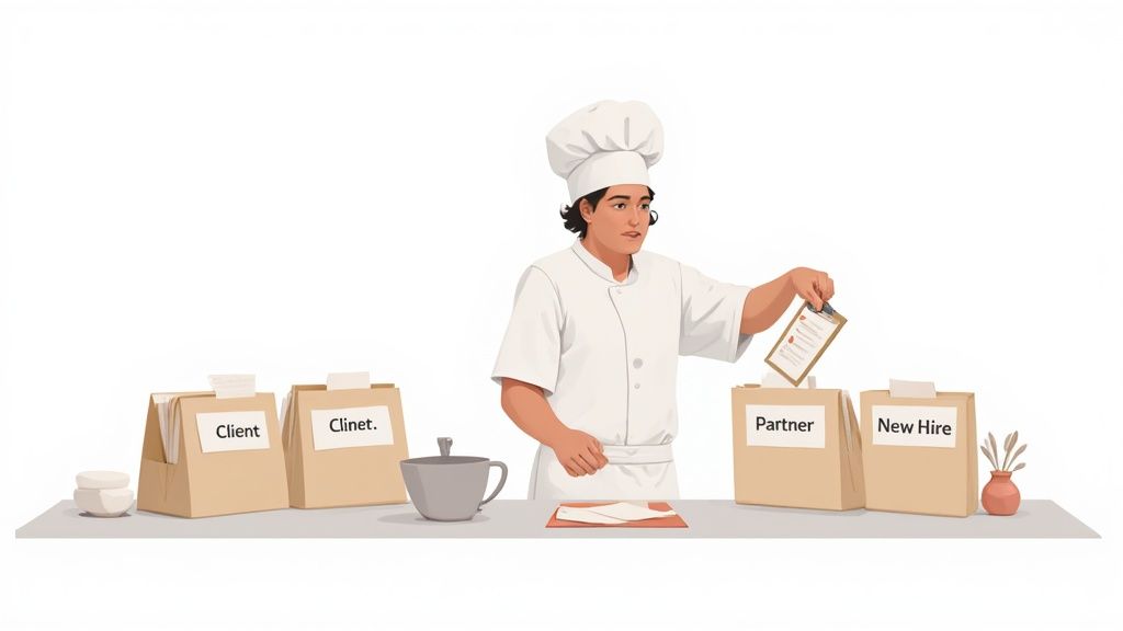 A chef sorts documents, placing a clipboard into a 'Partner' labeled bag on a counter.