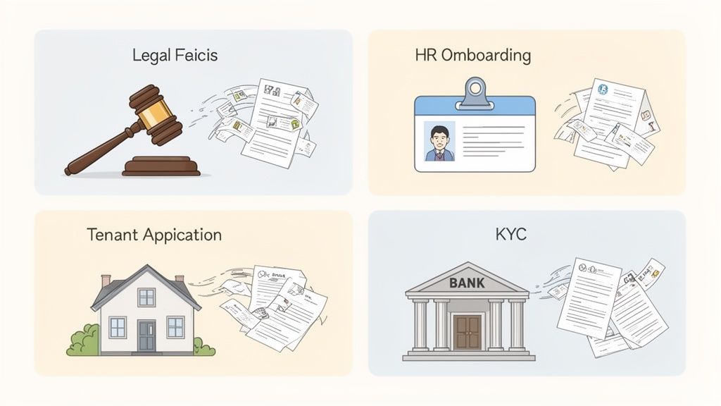 Illustrations showing document collection processes for legal, HR, tenant, and KYC applications.