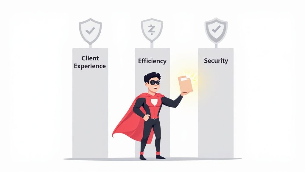 A superhero represents efficiency, holding a glowing package between client experience and security 