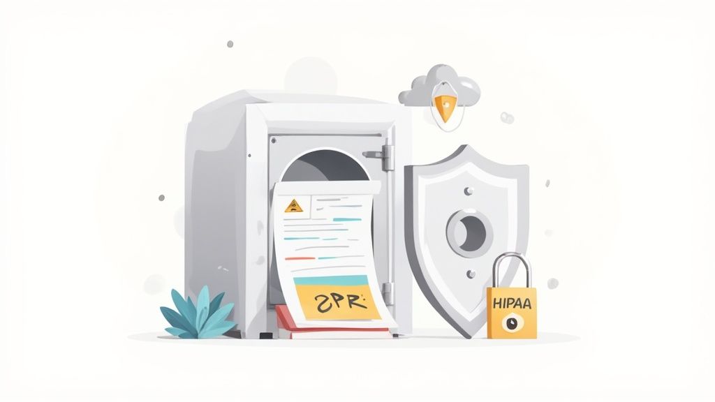 Illustration of a safe protecting confidential documents, a security shield, and a HIPAA padlock, sy