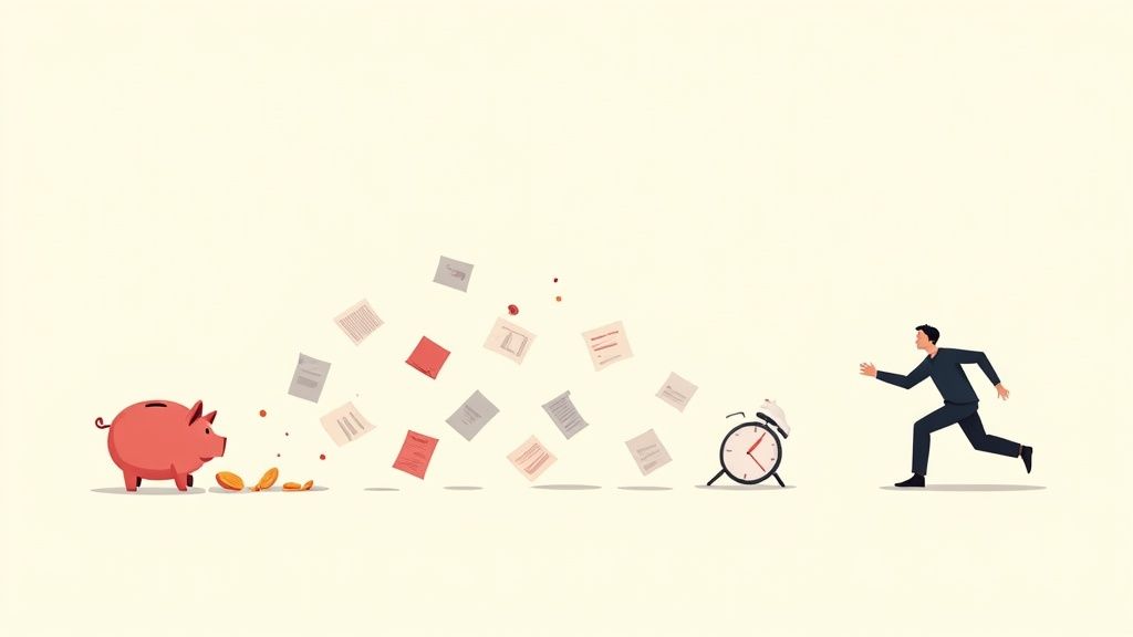 Illustration of a man running away from an alarm clock, scattered documents, and a piggy bank with s