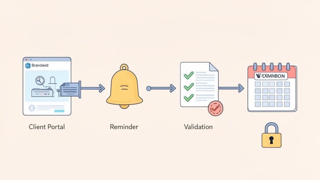 A diagram illustrating a document collection process from a client portal to validation, scheduling,