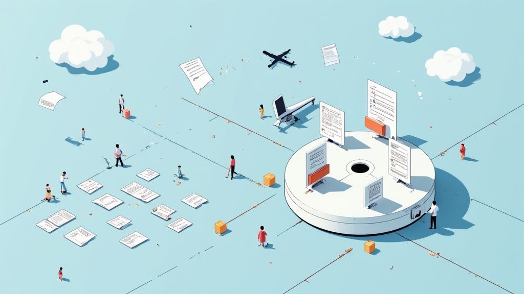 People manage documents and data flow around a central circular platform, depicting information orga