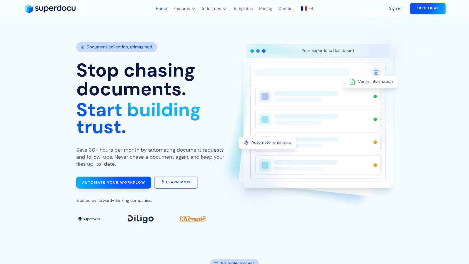 Superdocu's dashboard for document collection software