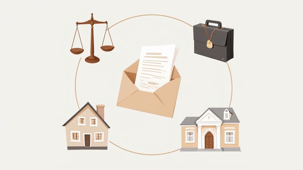 Illustration of legal scales, briefcase, two houses, and a document, representing legal or real esta