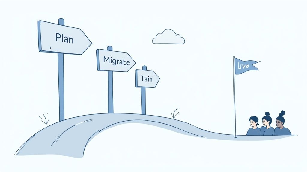 Illustration showing a conceptual roadmap with 'Plan', 'Migrate', and 'Tain