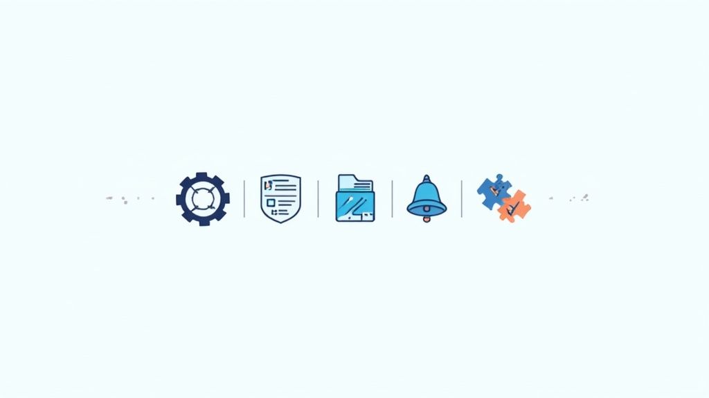 Five abstract icons including a gear, a shield with a document, a folder, a bell, and puzzle pieces.