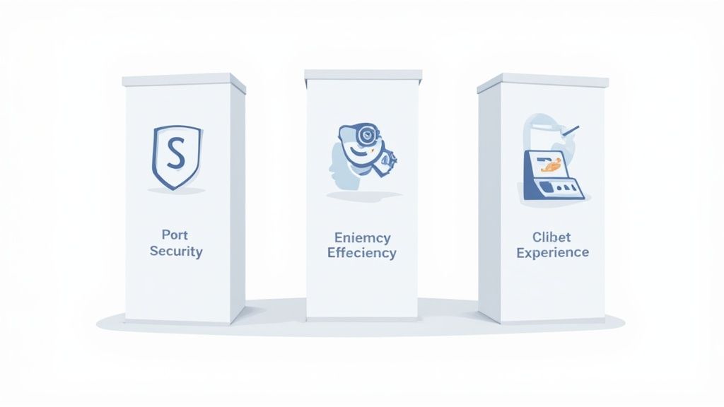 Three pillars display icons and text for port security, efficiency, and client experience concepts.