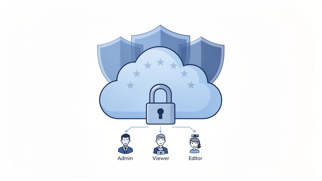 Cloud security with padlock, shields, and user roles (Admin, Viewer, Editor) managing data access.