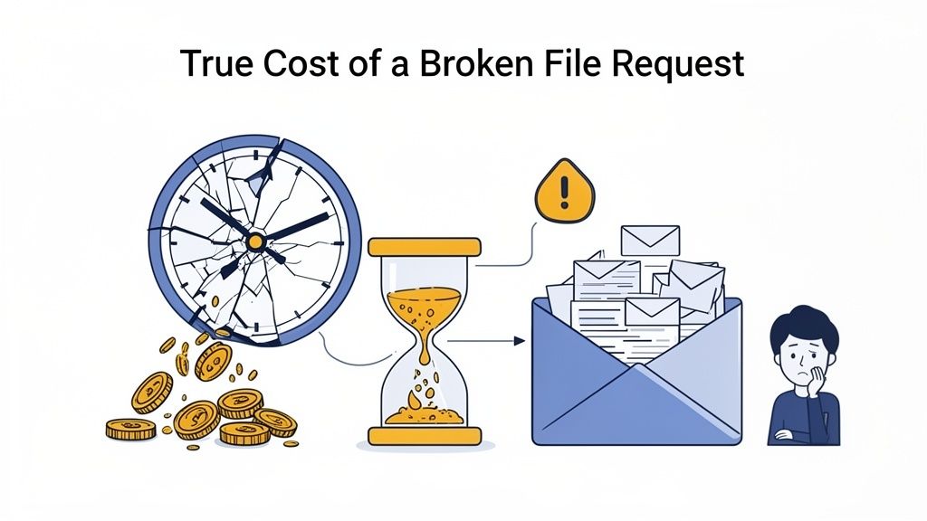 Illustration depicting the true cost of a broken file request: lost time, money, and frustration.