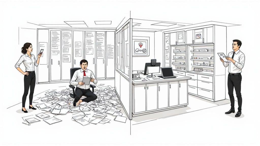 Side-by-side office scenes show a messy paper-filled room versus an organized digital workspace.
