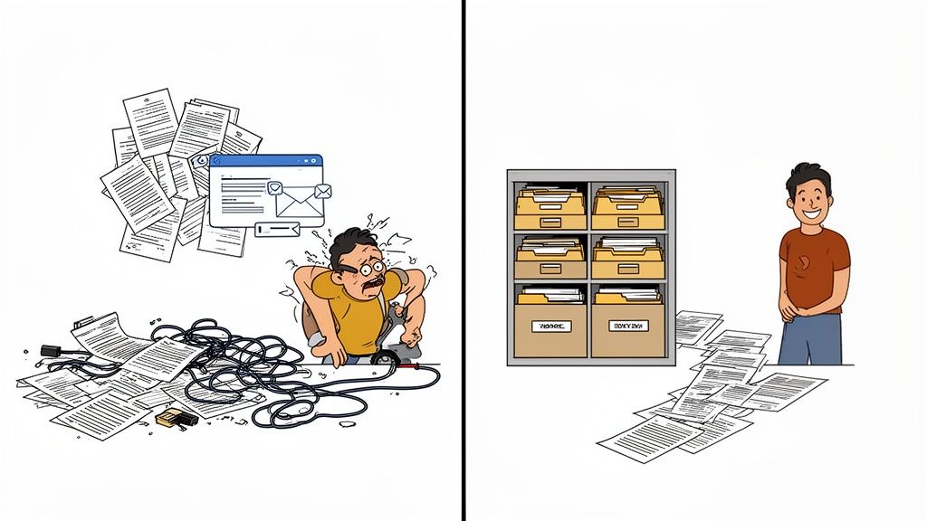 A stressed man overwhelmed by messy documents and wires contrasts with a happy man with an organized