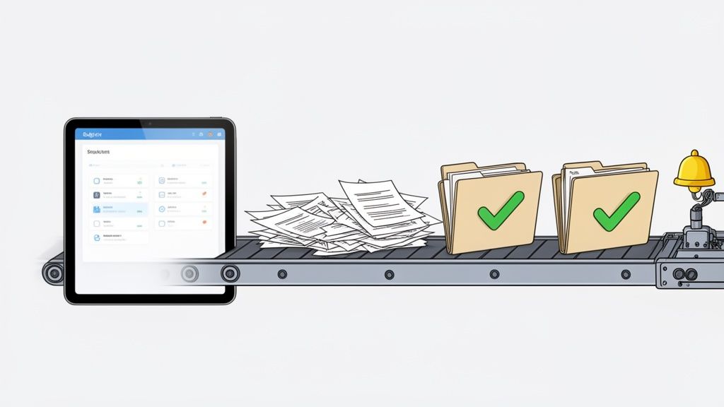 A tablet displaying a document management app, transforming physical papers into organized digital f