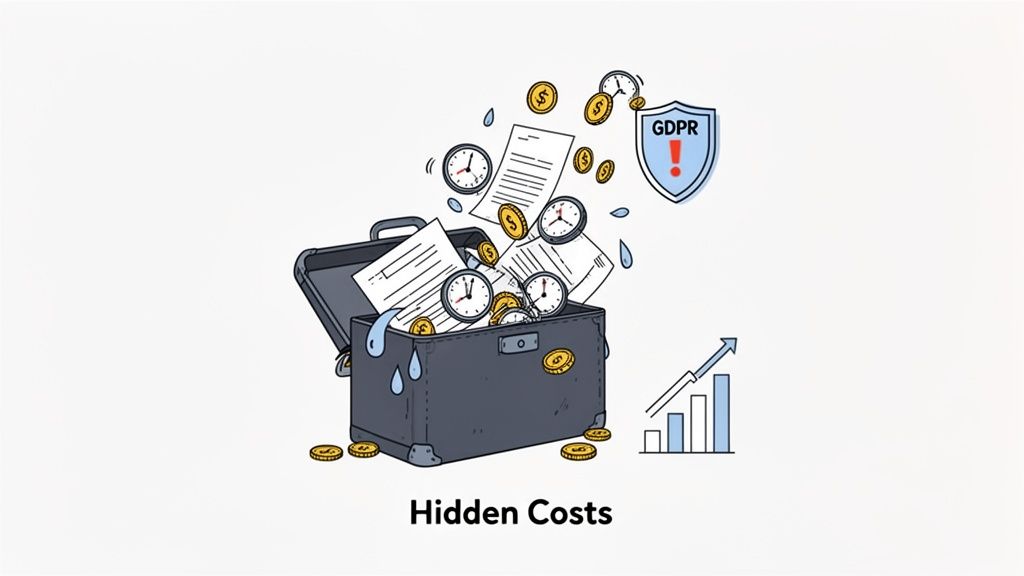 A briefcase overflowing with documents, clocks, and money, with a GDPR shield and rising costs, illu