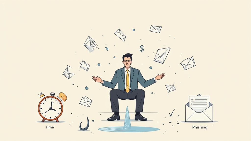 Businessman balancing work-life amidst emails, time management, and phishing threats.