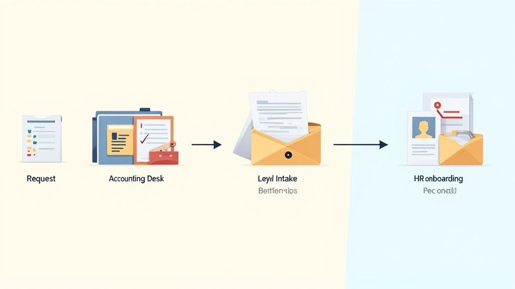 A business process workflow diagram showing steps from request to HR onboarding.