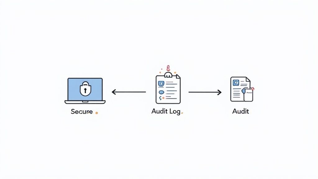 Diagram illustrating a secure laptop generating audit logs that flow into a final audit document.